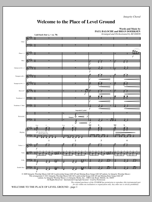 Download BJ Davis Welcome To The Place Of Level Ground - Full Score Sheet Music and learn how to play Choir Instrumental Pak PDF digital score in minutes