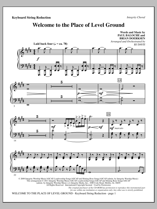 Download BJ Davis Welcome To The Place Of Level Ground - Keyboard String Reduction Sheet Music and learn how to play Choir Instrumental Pak PDF digital score in minutes