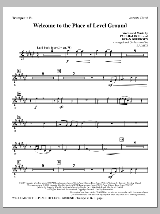 Download BJ Davis Welcome To The Place Of Level Ground - Trumpet 1 Sheet Music and learn how to play Choir Instrumental Pak PDF digital score in minutes