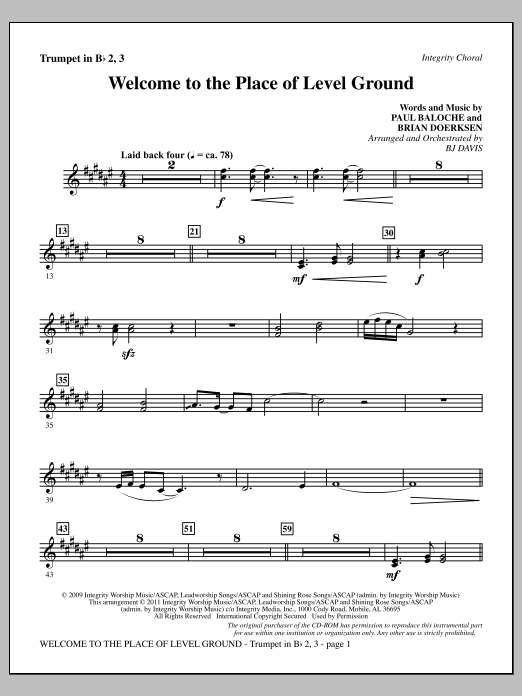 Download BJ Davis Welcome To The Place Of Level Ground - Trumpet 2 & 3 Sheet Music and learn how to play Choir Instrumental Pak PDF digital score in minutes