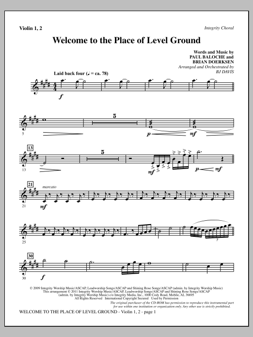Download BJ Davis Welcome To The Place Of Level Ground - Violin 1, 2 Sheet Music and learn how to play Choir Instrumental Pak PDF digital score in minutes
