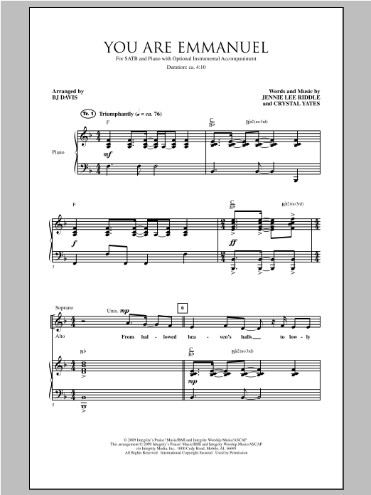 Download BJ Davis You Are Emmanuel Sheet Music and learn how to play SATB PDF digital score in minutes