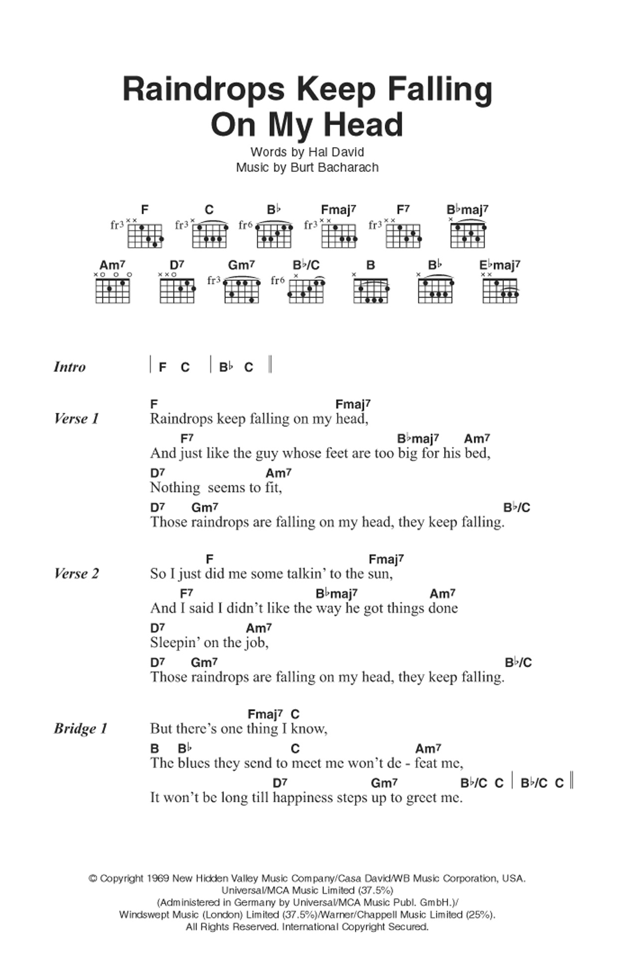 Download B.J. Thomas Raindrops Keep Falling On My Head Sheet Music and learn how to play Guitar Chords/Lyrics PDF digital score in minutes