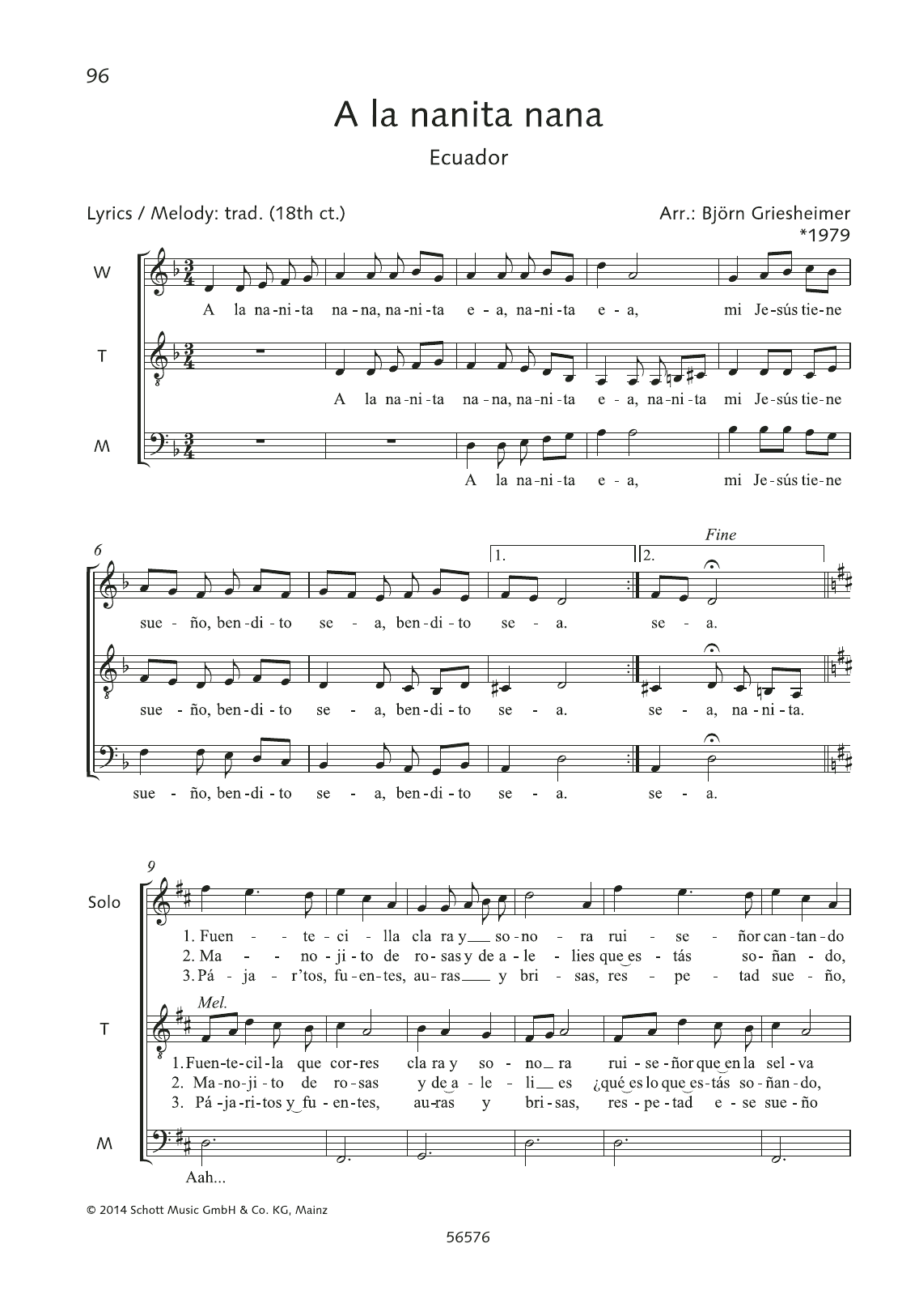 Download Björn Griesheimer A La Nanita Nana Sheet Music and learn how to play 3-Part Mixed Choir PDF digital score in minutes