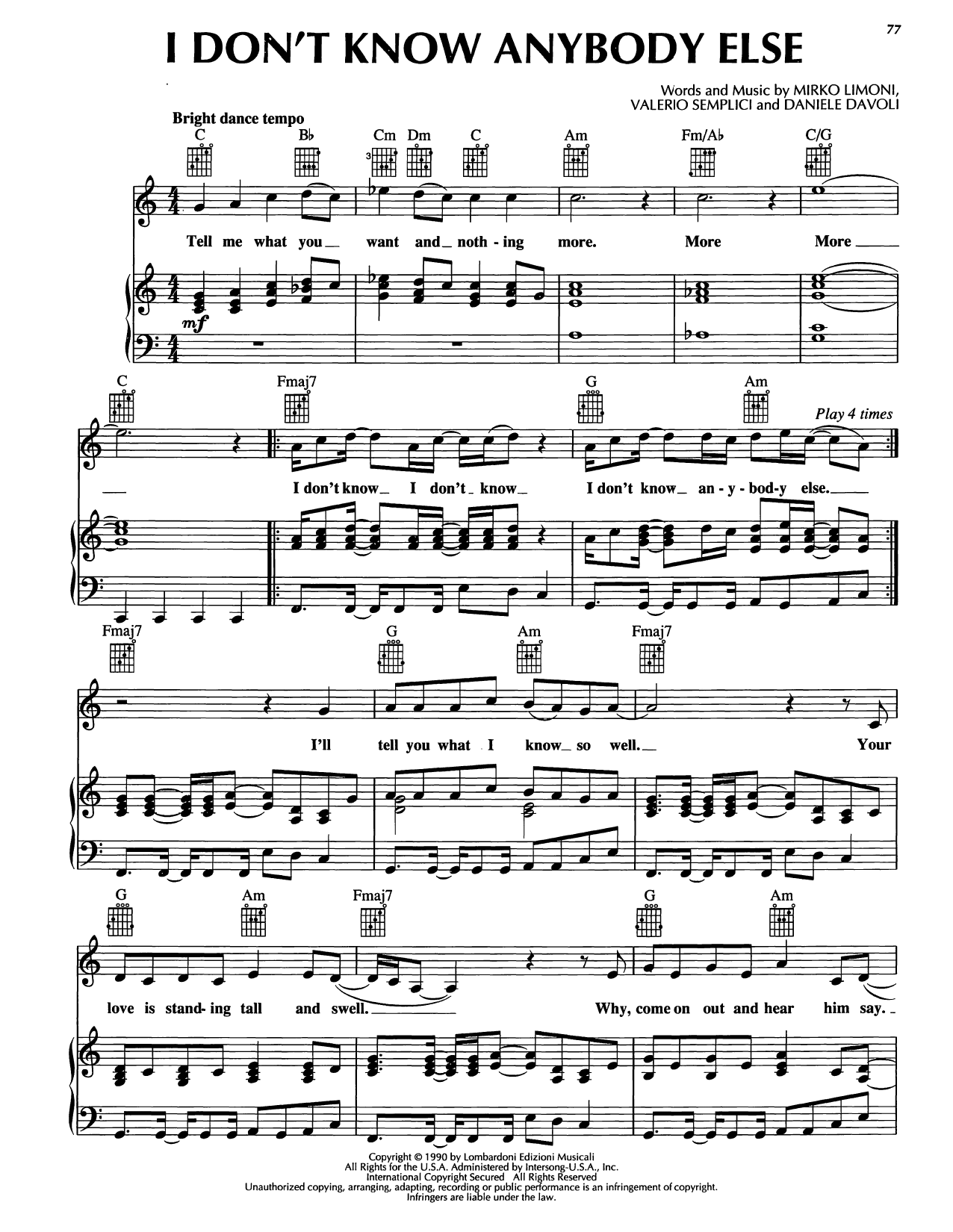 Download Black Box I Don't Know Anybody Else Sheet Music and learn how to play Piano, Vocal & Guitar Chords (Right-Hand Melody) PDF digital score in minutes