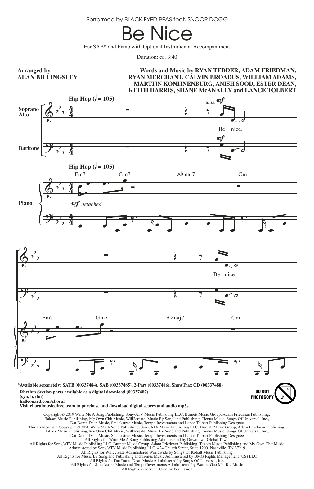 Download Black Eyed Peas Be Nice (feat. Snoop Dogg) (arr. Alan Billingsley) Sheet Music and learn how to play SAB Choir PDF digital score in minutes