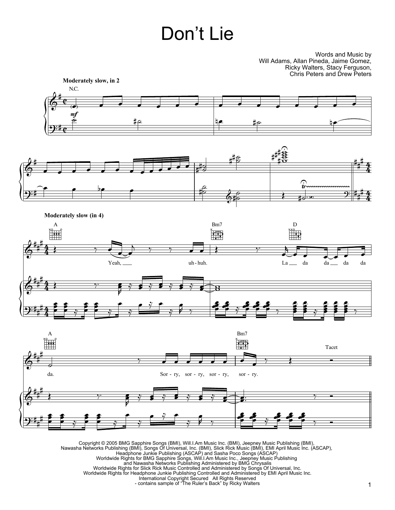 Download Black Eyed Peas Don't Lie Sheet Music and learn how to play Piano, Vocal & Guitar (Right-Hand Melody) PDF digital score in minutes