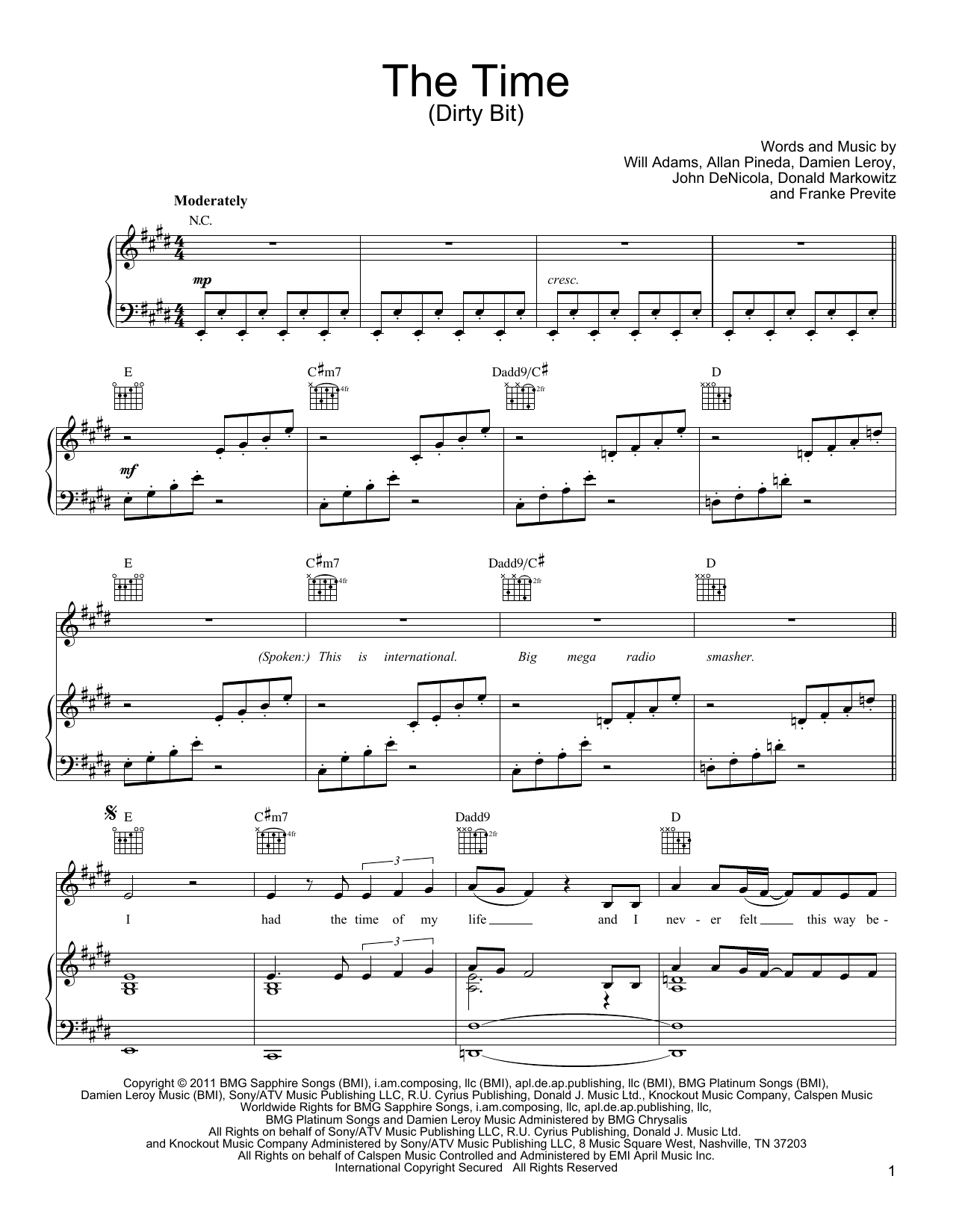 Download Black Eyed Peas The Time (Dirty Bit) Sheet Music and learn how to play Piano, Vocal & Guitar (Right-Hand Melody) PDF digital score in minutes