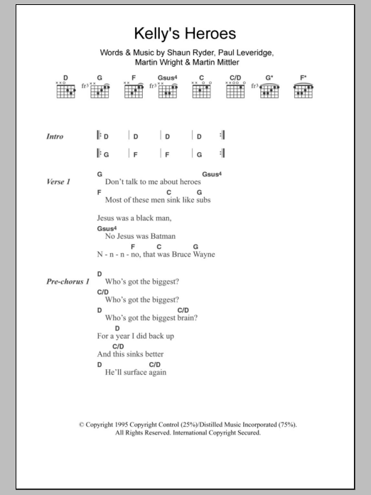 Download Black Grape Kelly's Heroes Sheet Music and learn how to play Lyrics & Chords PDF digital score in minutes