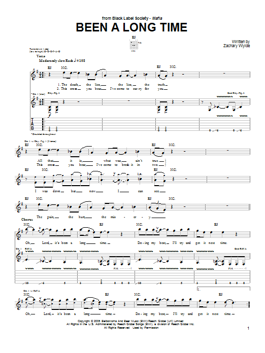 Download Black Label Society Been A Long Time Sheet Music and learn how to play Guitar Tab PDF digital score in minutes