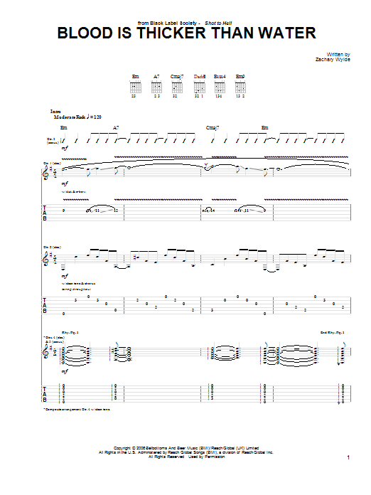 Download Black Label Society Blood Is Thicker Than Water Sheet Music and learn how to play Guitar Tab PDF digital score in minutes