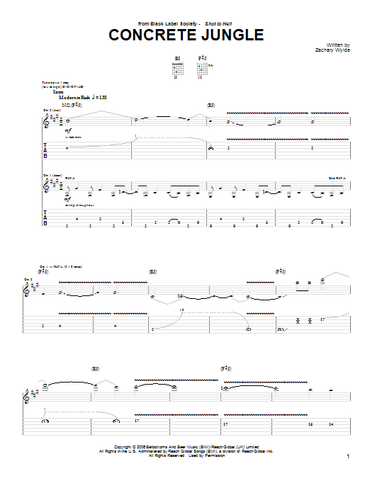 Download Black Label Society Concrete Jungle Sheet Music and learn how to play Guitar Tab PDF digital score in minutes