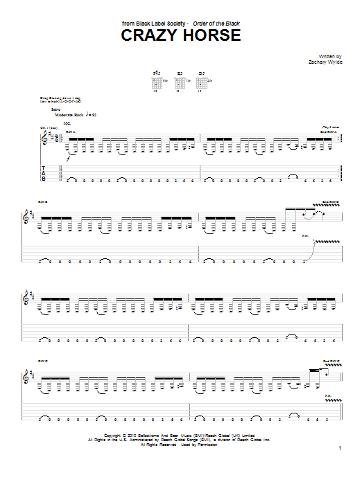 Download Black Label Society Crazy Horse Sheet Music and learn how to play Guitar Tab PDF digital score in minutes