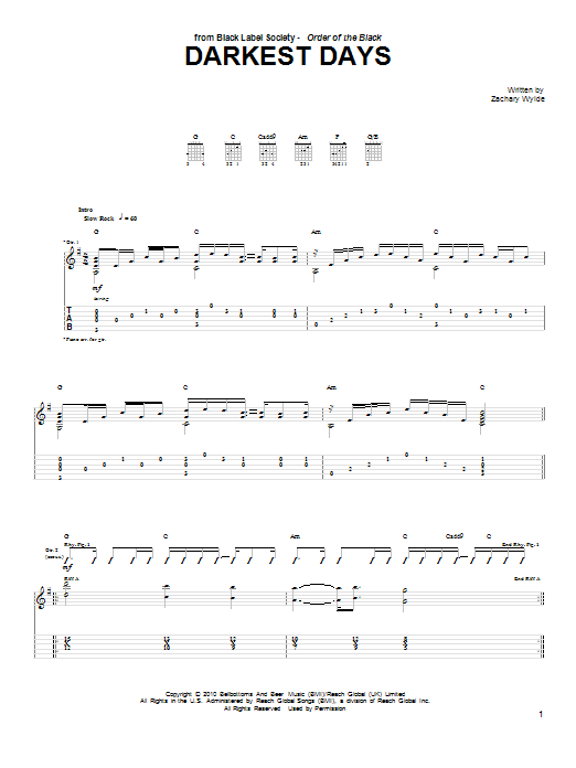 Download Black Label Society Darkest Days Sheet Music and learn how to play Guitar Tab PDF digital score in minutes
