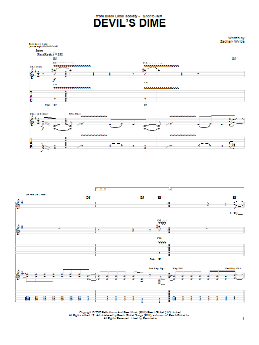 Download Black Label Society Devil's Dime Sheet Music and learn how to play Guitar Tab PDF digital score in minutes