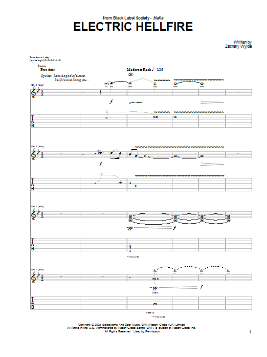 Download Black Label Society Electric Hellfire Sheet Music and learn how to play Guitar Tab PDF digital score in minutes