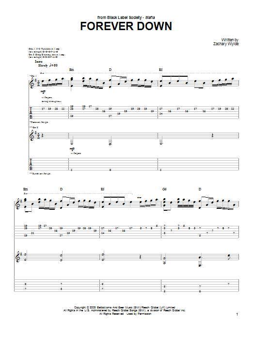 Download Black Label Society Forever Down Sheet Music and learn how to play Guitar Tab PDF digital score in minutes