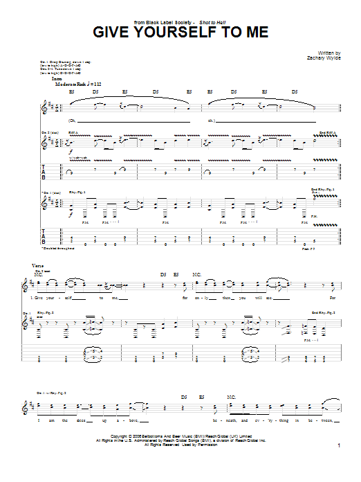 Download Black Label Society Give Yourself To Me Sheet Music and learn how to play Guitar Tab PDF digital score in minutes