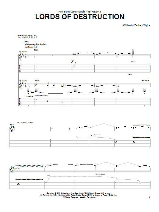 Download Black Label Society Lords Of Destruction Sheet Music and learn how to play Guitar Tab PDF digital score in minutes