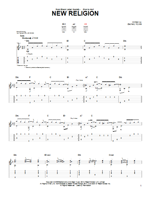 Download Black Label Society New Religion Sheet Music and learn how to play Guitar Tab PDF digital score in minutes