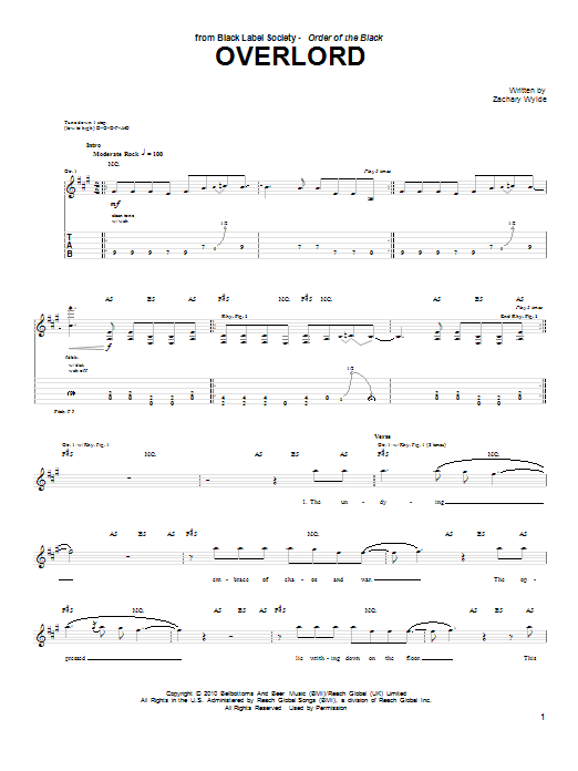 Download Black Label Society Overlord Sheet Music and learn how to play Guitar Tab PDF digital score in minutes