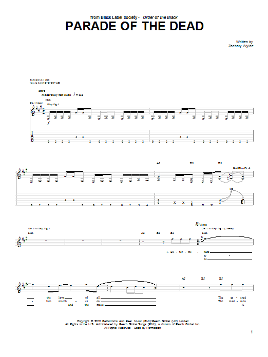 Download Black Label Society Parade Of The Dead Sheet Music and learn how to play Guitar Tab PDF digital score in minutes