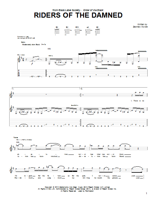 Download Black Label Society Riders Of The Damned Sheet Music and learn how to play Guitar Tab PDF digital score in minutes