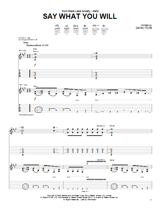 Download Black Label Society Say What You Will Sheet Music and learn how to play Guitar Tab PDF digital score in minutes