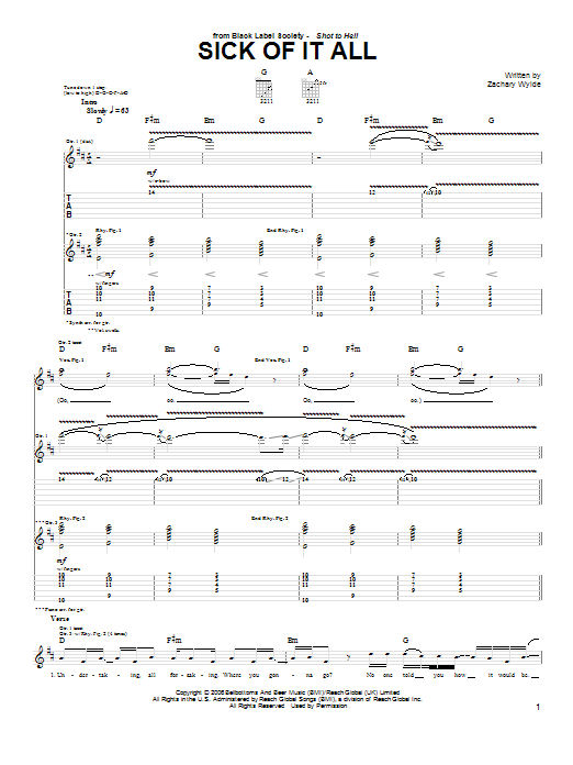 Download Black Label Society Sick Of It All Sheet Music and learn how to play Guitar Tab PDF digital score in minutes