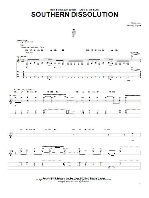 Download Black Label Society Southern Dissolution Sheet Music and learn how to play Guitar Tab PDF digital score in minutes