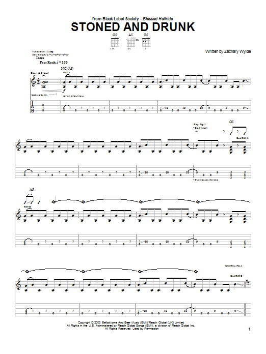 Download Black Label Society Stoned And Drunk Sheet Music and learn how to play Guitar Tab PDF digital score in minutes