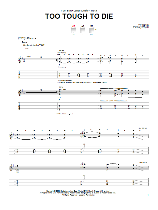 Download Black Label Society Too Tough To Die Sheet Music and learn how to play Guitar Tab PDF digital score in minutes