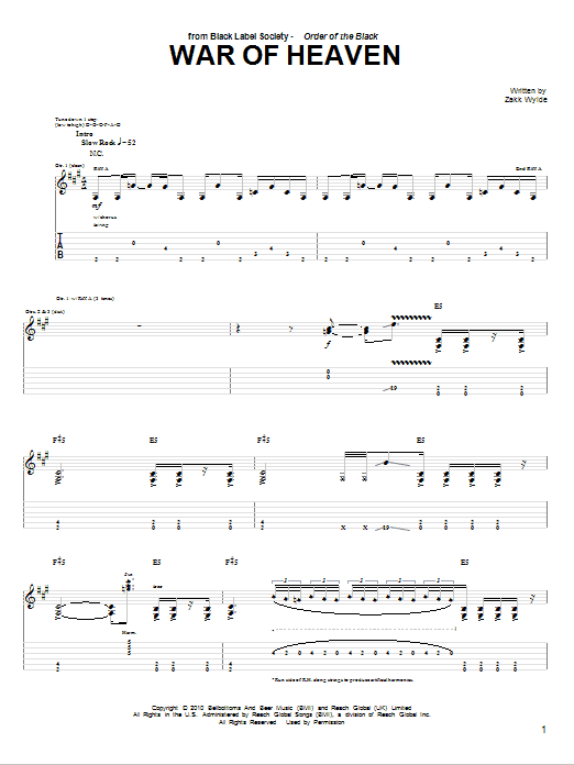 Download Black Label Society War Of Heaven Sheet Music and learn how to play Guitar Tab PDF digital score in minutes