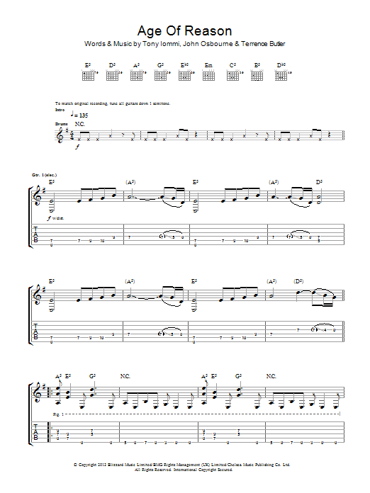 Download Black Sabbath Age Of Reason Sheet Music and learn how to play Guitar Tab PDF digital score in minutes