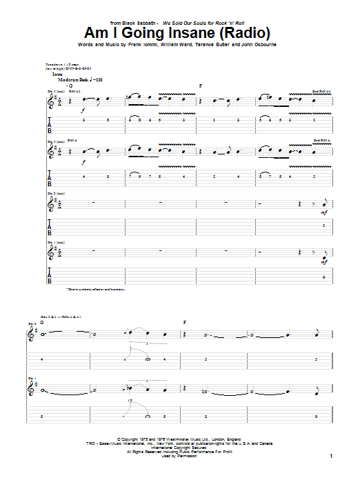 Download Black Sabbath Am I Going Insane (Radio) Sheet Music and learn how to play Guitar Tab PDF digital score in minutes