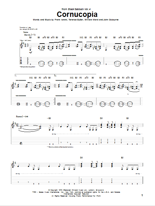 Download Black Sabbath Cornucopia Sheet Music and learn how to play Guitar Tab PDF digital score in minutes