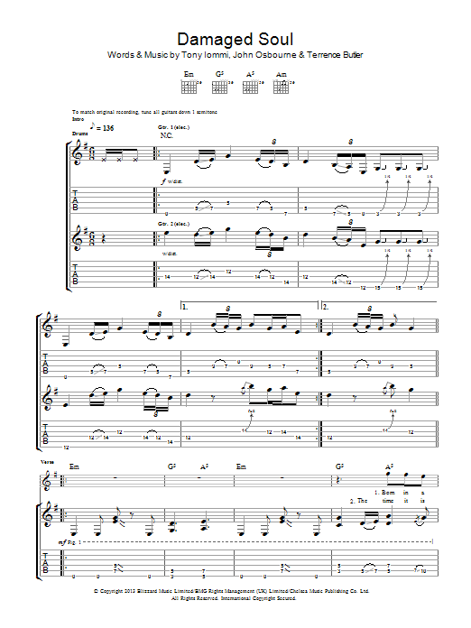 Download Black Sabbath Damaged Soul Sheet Music and learn how to play Guitar Tab PDF digital score in minutes