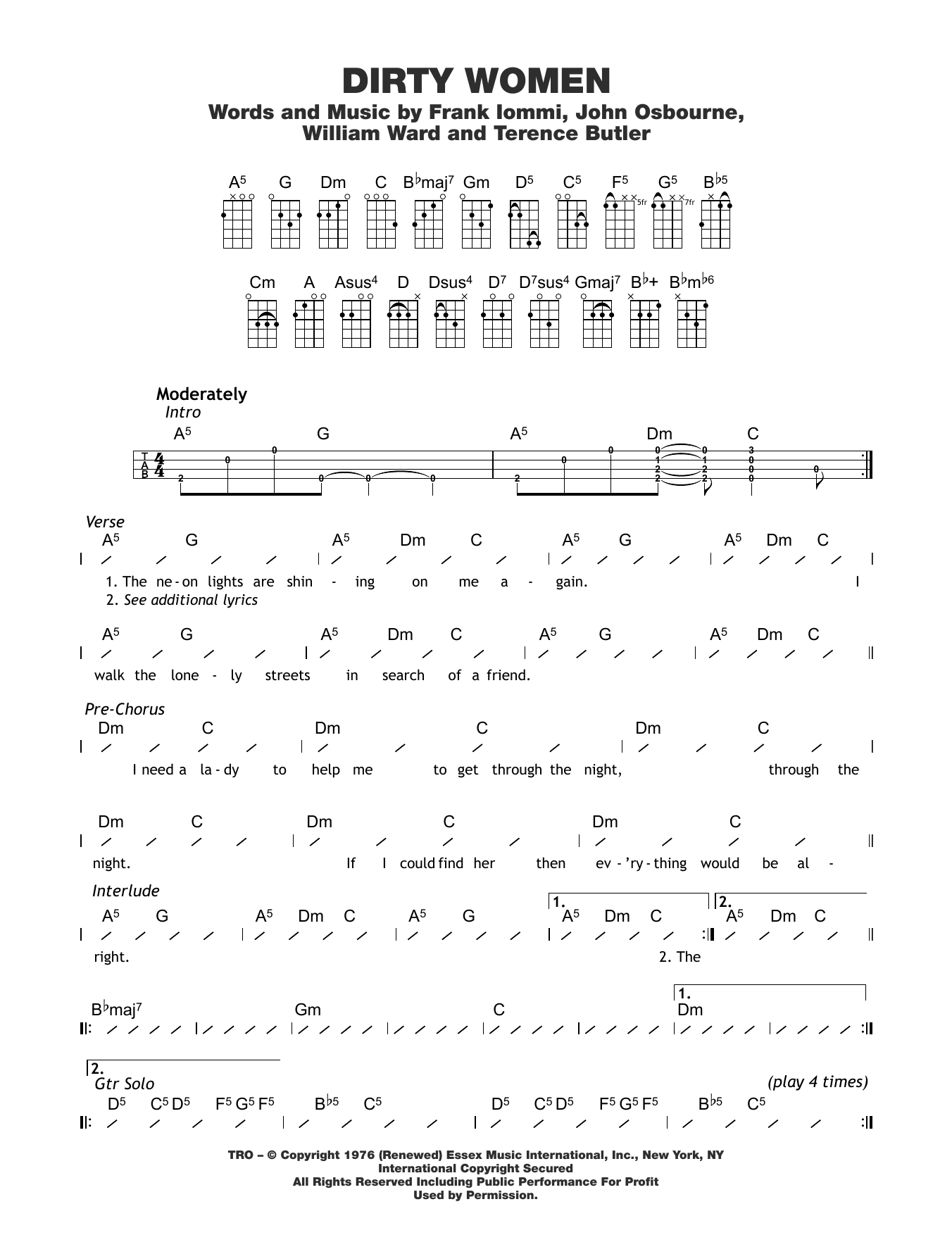 Download Black Sabbath Dirty Women Sheet Music and learn how to play Ukulele with strumming patterns PDF digital score in minutes