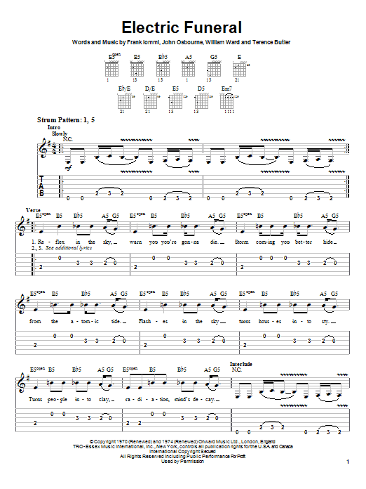 Download Black Sabbath Electric Funeral Sheet Music and learn how to play Guitar Tab PDF digital score in minutes