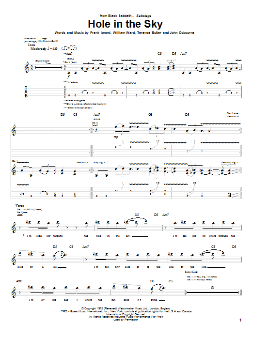 Download Black Sabbath Hole In The Sky Sheet Music and learn how to play Guitar Tab PDF digital score in minutes