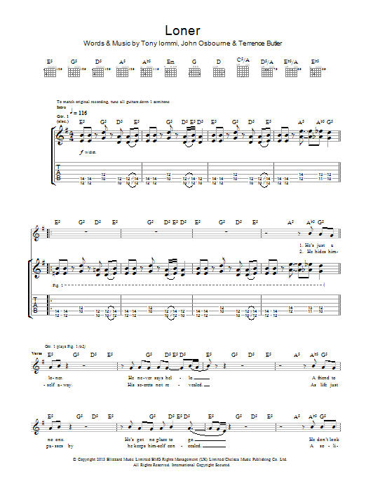 Download Black Sabbath Loner Sheet Music and learn how to play Guitar Tab PDF digital score in minutes