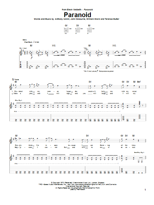 Download Black Sabbath Paranoid Sheet Music and learn how to play Easy Guitar PDF digital score in minutes