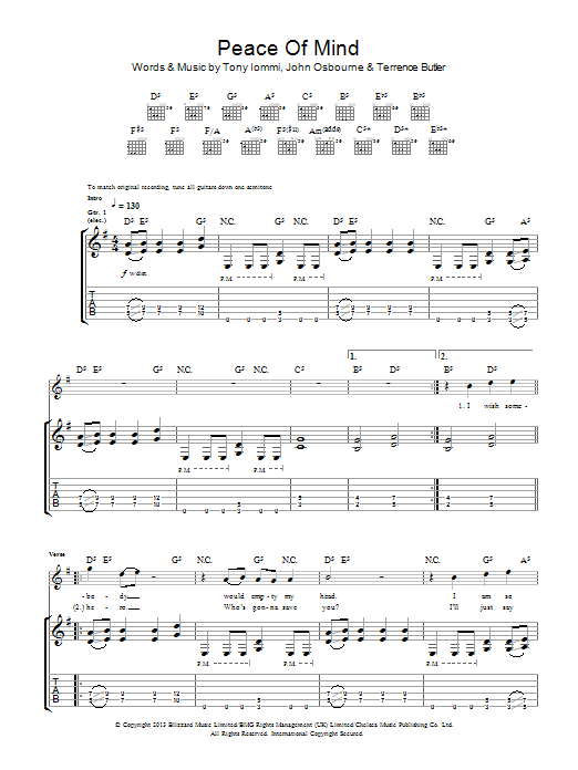 Download Black Sabbath Peace Of Mind Sheet Music and learn how to play Guitar Tab PDF digital score in minutes