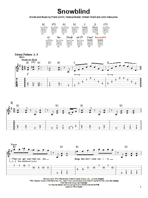 Download Black Sabbath Snowblind Sheet Music and learn how to play Guitar Tab PDF digital score in minutes