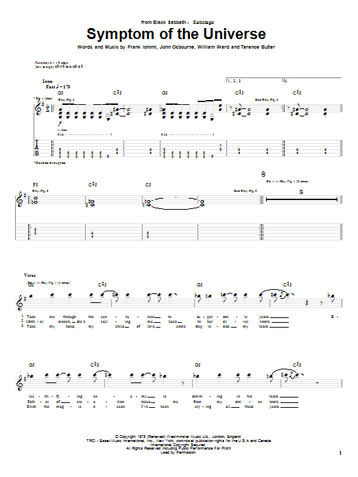 Download Black Sabbath Symptom Of The Universe Sheet Music and learn how to play Guitar Tab PDF digital score in minutes