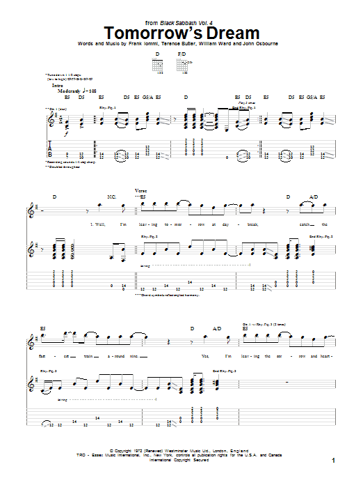 Download Black Sabbath Tomorrow's Dream Sheet Music and learn how to play Guitar Tab PDF digital score in minutes