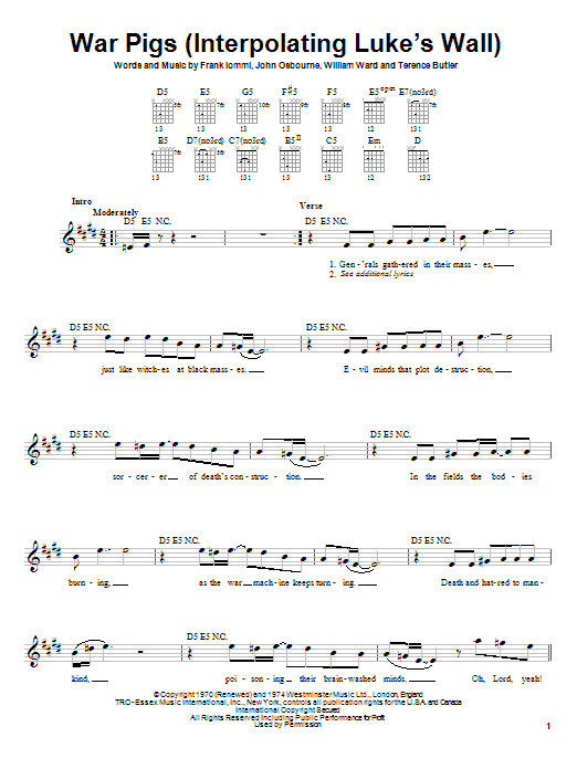 Download Black Sabbath War Pigs (Interpolating Luke's Wall) Sheet Music and learn how to play Guitar Tab (Single Guitar) PDF digital score in minutes