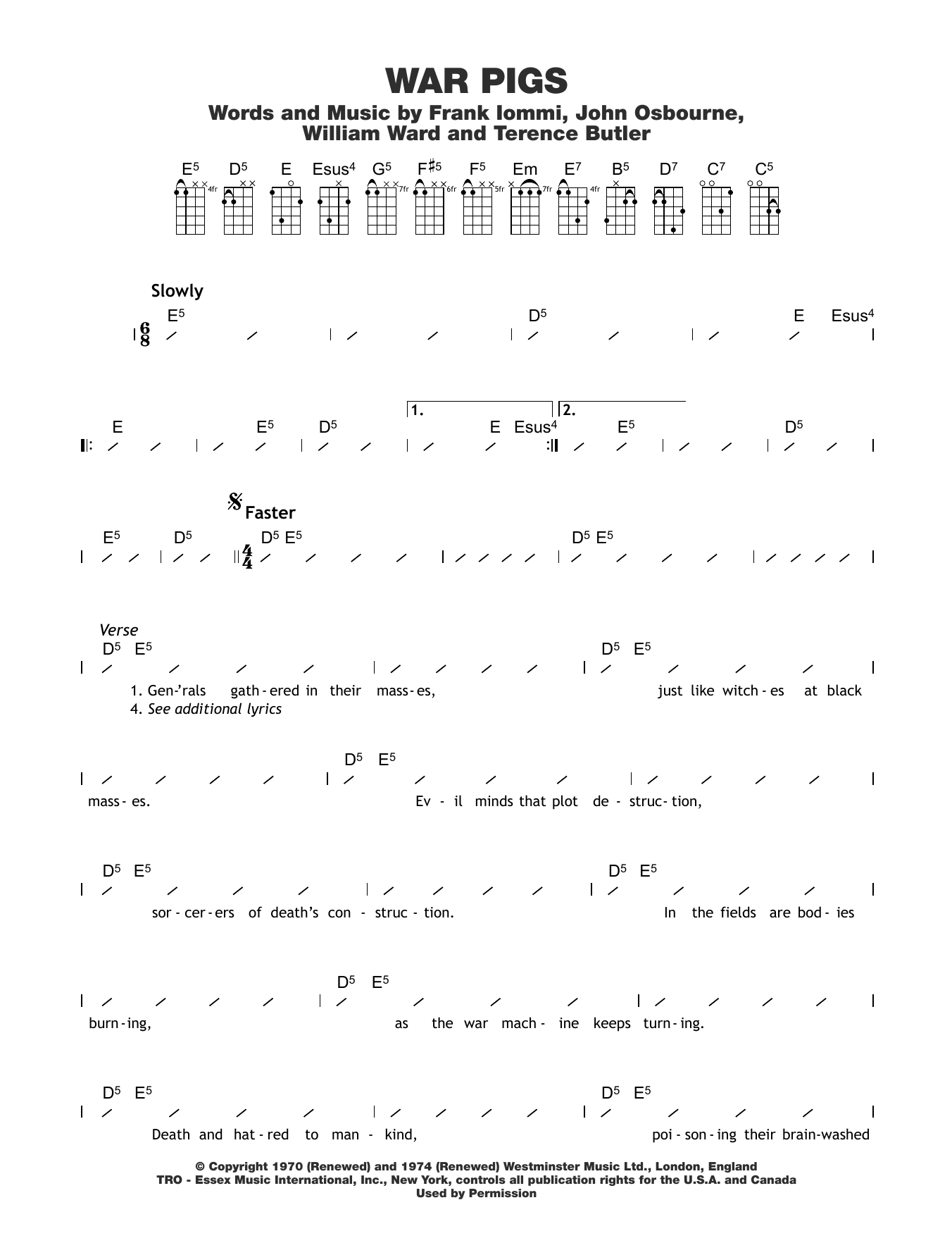 Download Black Sabbath War Pigs Sheet Music and learn how to play Ukulele with strumming patterns PDF digital score in minutes