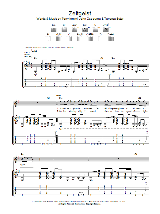 Download Black Sabbath Zeitgeist Sheet Music and learn how to play Guitar Tab PDF digital score in minutes