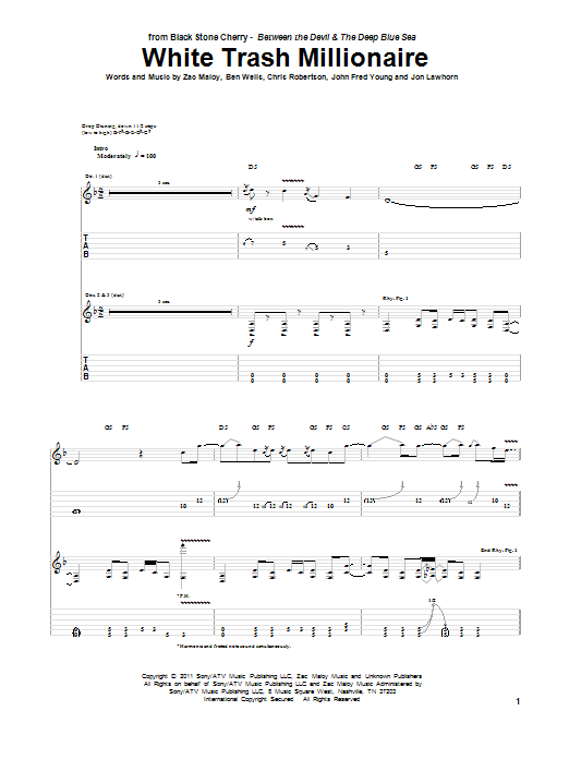 Download Black Stone Cherry White Trash Millionaire Sheet Music and learn how to play Guitar Tab PDF digital score in minutes